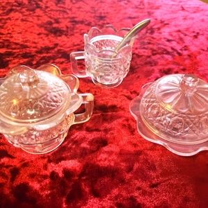 Vintage Pink glass mini creamer/sugar/butter dish